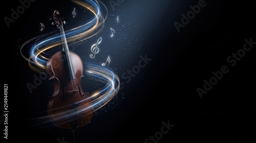 Classic wooden cello with glowing light trails and copy space on dark background