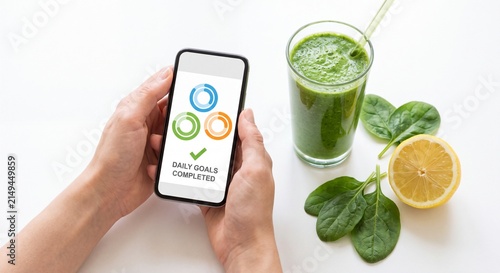 Healthy lifestyle and fitness goal tracking concept featuring hands holding smartphone with completed progress rings next to green smoothie