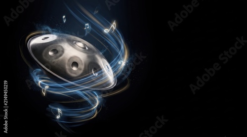 Metallic hang drum surrounded by glowing light trails and copy space on dark background