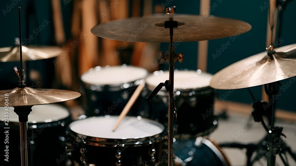 Fototapeta premium Close up of a drum set with cymbals and drums arranged for musical performance in an indoor studio setting