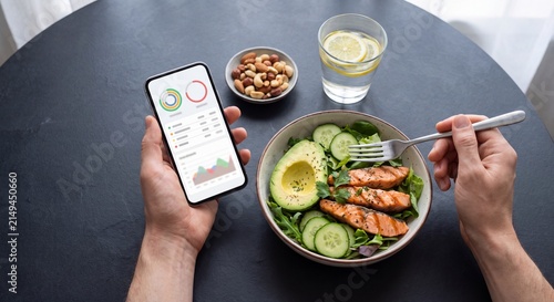 Healthy diet and nutrition tracking concept featuring hands holding smartphone near salmon avocado salad bowl