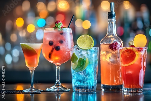 Assortment of colorful cocktails with fresh fruit garnishes displayed on a dark bar counter with bokeh lights