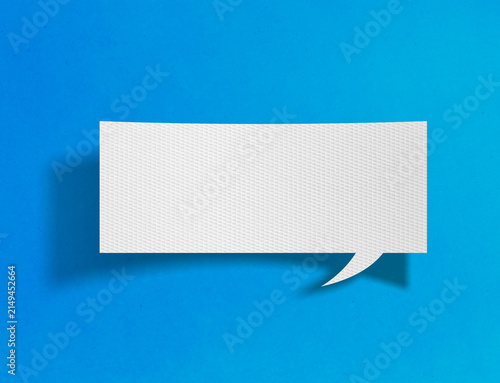 Blank horizontal speech bubble on blue background with paper cutout design