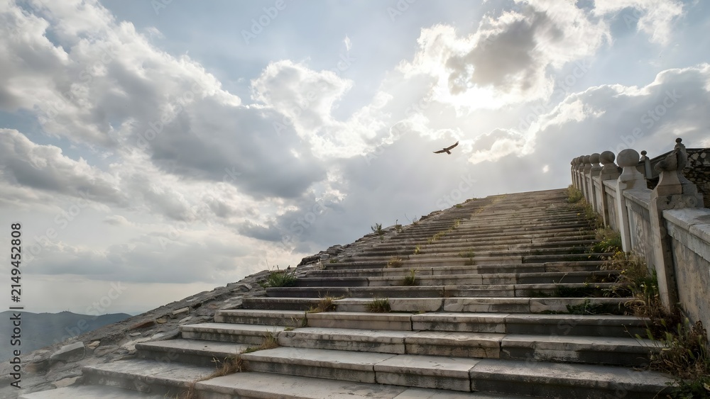 Fototapeta premium Steep marble staircase ascending along a mountainside with cloudy sky and flying bird