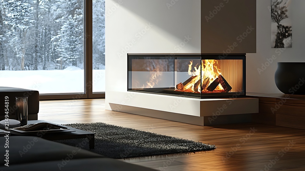 Naklejka premium Modern corner fireplace with burning logs and snowy outdoor view in a contemporary living room interior