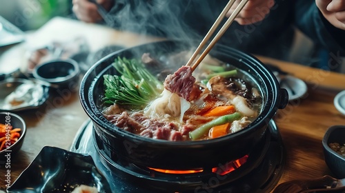 Steaming korean shabu shabu hot pot with beef and vegetables traditional asian dining experience