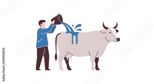 Farmer watering a cow with a bucket in a flat vector illustration