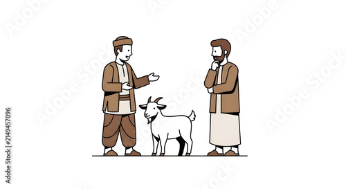 Two men discussing a deal with a goat in a simple illustration style