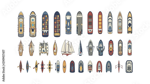 Set of various boats and ships seen from above including yachts sailboats kayaks canoes and motor boats for water transportation design isolated on a flat simple graphic style collection Vector