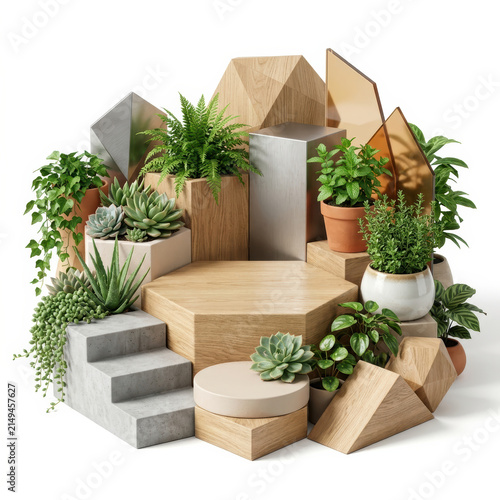 Subtainability Soft 3D Illustration soft 3d illustration of sustainable wooden planter display with green plant and geometric form