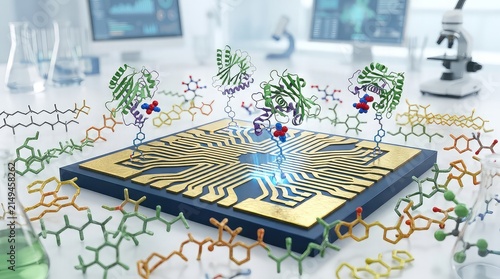 High-performance nanobiosensor platform with molecular docking proteins positioned above gold conductive pathways surrounded by realistic organic compounds