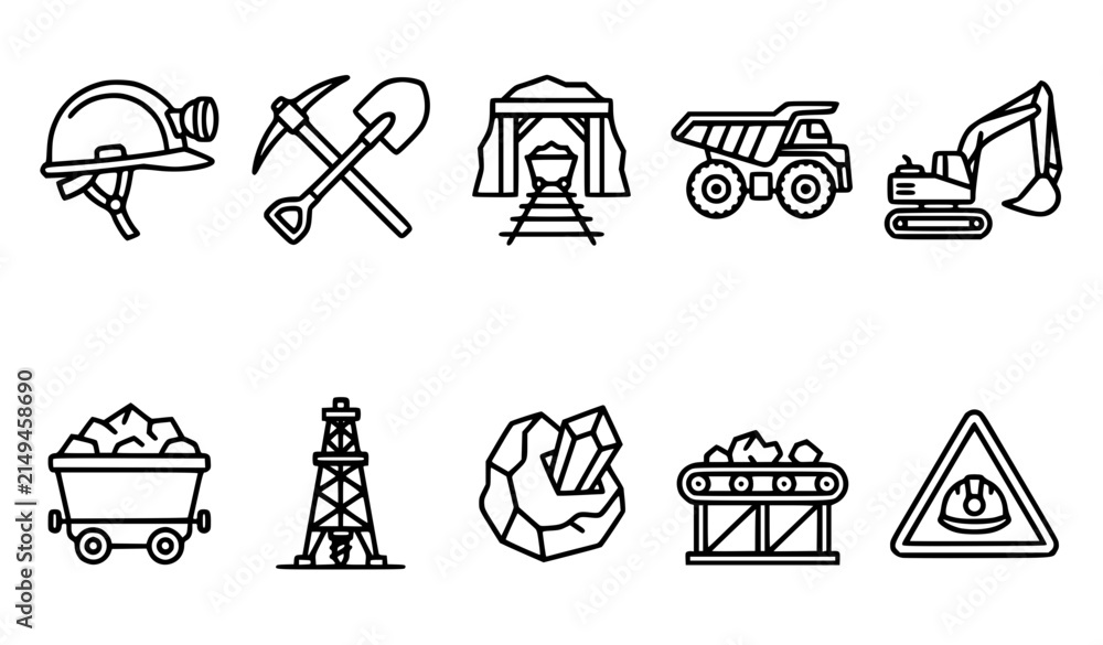 Fototapeta premium Mining Industry Line Icons Set Black and White Minimal Outline SVG Vector Collection