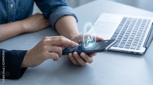 Person using a smartphone with an aipowered security lock hologram, representing mobile cybersecurity and artificial intelligence data protection