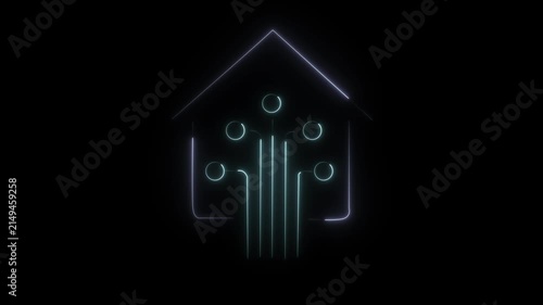 Glowing Purple and Cyan Soft Glow Smart Home Icon Animation Loop - Futuristic House with Circuit Lines Concept for IoT Technology and Automation HUD Motion Graphics on Black Background