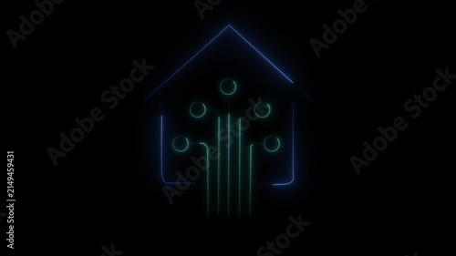Glowing Blue and Cyan Soft Glow Smart Home Icon Animation Loop - Futuristic House with Circuit Lines Concept for IoT Technology and Automation HUD Motion Graphics on Black Background
