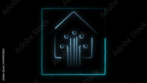Glowing Cyan Blue Neon Smart Home Icon Animation Loop - Futuristic House with Circuit Lines in Square Frame for IoT Technology and Automation HUD Motion Graphics on Black Background