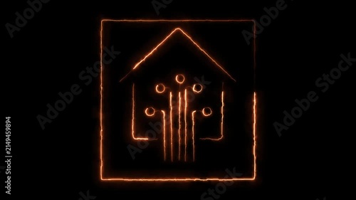 Glowing Orange Neon Smart Home Icon Animation Loop - Futuristic House with Circuit Lines in Square Frame for IoT Technology and Automation HUD Motion Graphics on Black Background