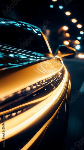 Dynamic automotive motion blur sleek car exterior with streaking headlights at night urban setting