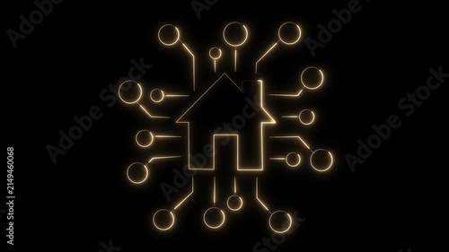 Glowing Golden Yellow Neon Smart Home Icon Animation Loop - Futuristic Digital House with Circuit Nodes Concept for IoT Technology and Automation HUD Motion Graphics on Black Background