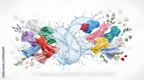 Colorful clothing items swirling in a fresh water splash.