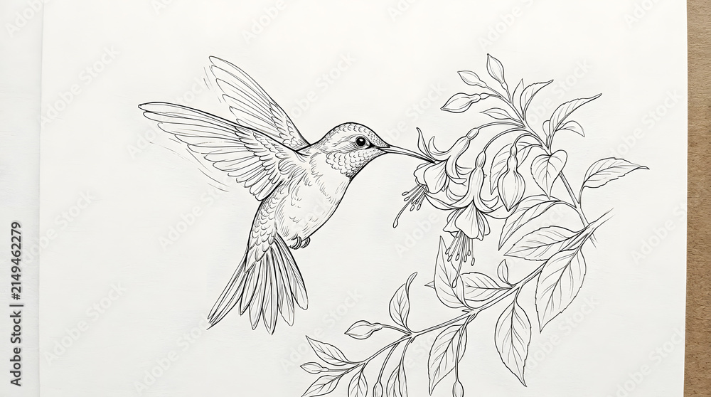 Naklejka premium Line art of a hummingbird feeding on a flower.