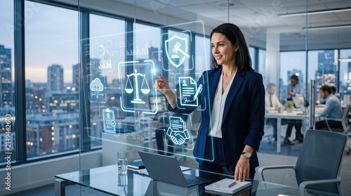 Female lawyer interacting with legal technology hologram showing scales of justice and documents in modern glass office, of digital law services and attorney working with smart
