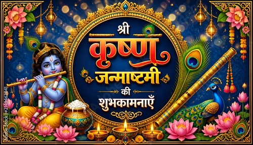 Happy Krishna janmashtami in hindi, Shri Krishna Janmashtami ki shubhkamnaye hindi text calligraphy, greeting card for Krishna Janmashtami festival
