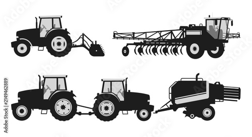 Canvastavla Tractor and agricultural machinery silhouettes for farming with black silhouette