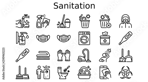 Sanitation and hygiene essentials collection. Flat design icons of cleaning tools, bathroom items, and health products for commercial use.