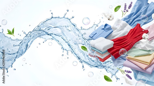Fresh laundry and red dress flying with water splash and lavender