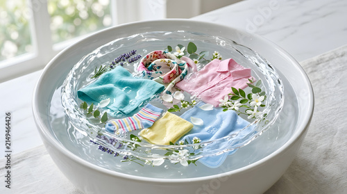 Laundry soaking in glass bowl with water and flowers