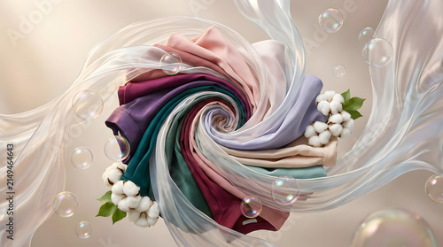 Swirling colorful fabric with cotton flowers and bubbles detergent concept.