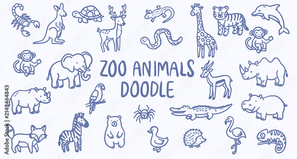 Naklejka premium A collection of cute hand drawn zoo animal doodles including various mammals reptiles and birds arranged in a playful illustrative collage style