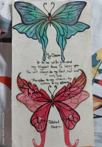 A beautiful hand paint illustration featuring colorful butterflies and romantic handwritten text