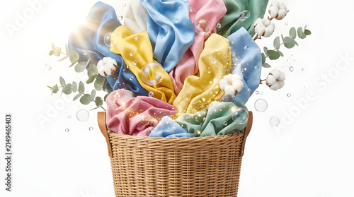 Wicker basket filled with colorful fabrics and cotton flowers.
