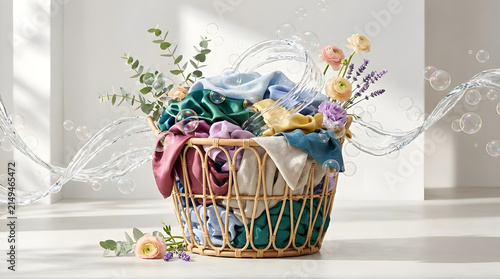 Wicker laundry basket filled with clean clothes and flowers.