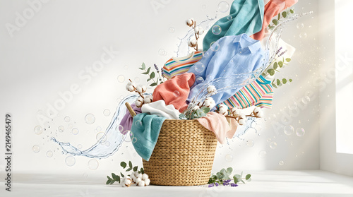 Wicker basket with colorful laundry and water splashes.