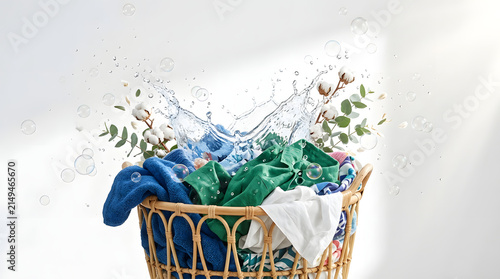 Wicker laundry basket with splashing water and cotton plants.