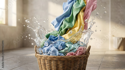 Wicker laundry basket with splashing water and colorful clothing fabrics.