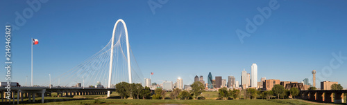 USA, Texas, Dallas, panorama of Margaret Hunt Hill Bridge, railway bridge and skyline