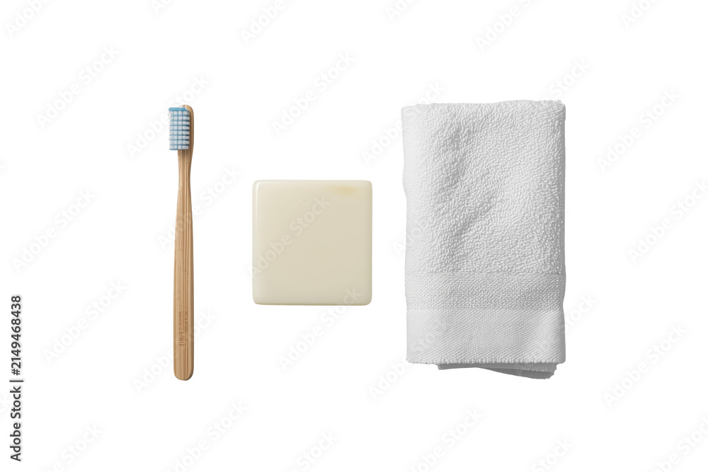 Obraz premium Minimal bathroom set with toothbrush soap bar and folded white towel