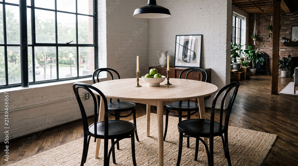 Fototapeta premium Modern dining room with round wooden table black chairs and large windows for interior design and real estate marketing