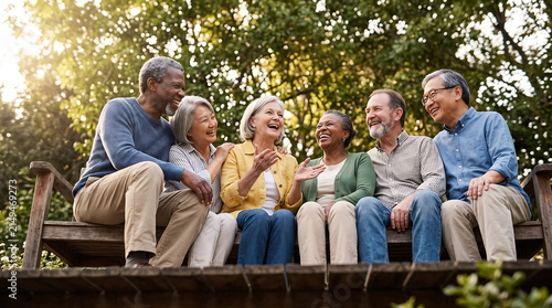 Diverse group of happy older adults laughing together outdoors representing healthy lifestyle and longevity in retirement