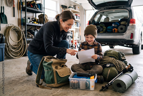 A parent and child are preparing for a camping trip in a garage. They are checking a list of items while sitting next to packed gear and supplies. The setting shows various tools and equipment around