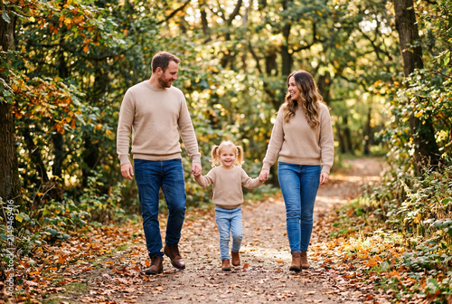 Parents and child hold hands while walking on a trail. The scene shows a family enjoying time together in a park during the fall. The trees have colorful leaves