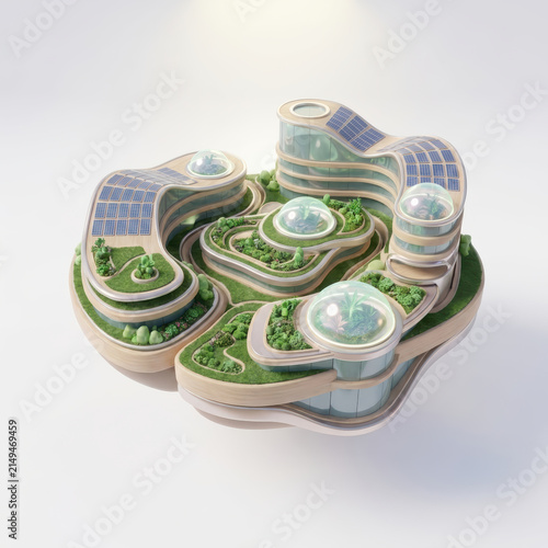 Subtainability Soft 3D Illustration sustainability soft 3d illustration of futuristic green building with solar roof and garden dome