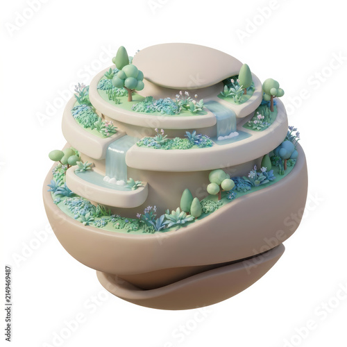 Subtainability Soft 3D Illustration sustainable soft 3d illustration of layered landscape with waterfall and plants