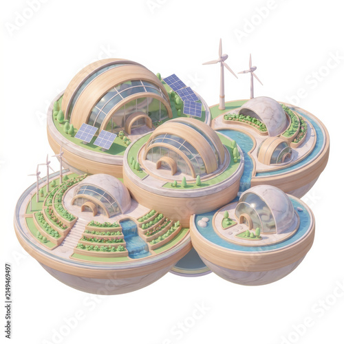 Subtainability Soft 3D Illustration sustainability soft 3d illustration of eco dome city with solar panel and wind turbine