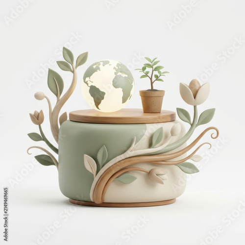 Subtainability Soft 3D Illustration soft 3d illustration of sustainability with globe and plant in eco container