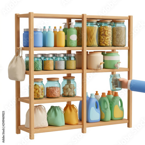 Subtainability Soft 3D Illustration sustainable soft 3d illustration of eco shelf with reusable jar and bottle packaging